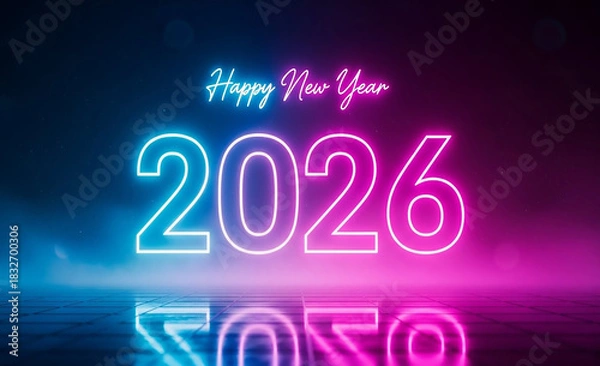 Obraz Pink and purple neon light vector illustration for a happy new year 2026 holiday celebration greeting card design and sale sign