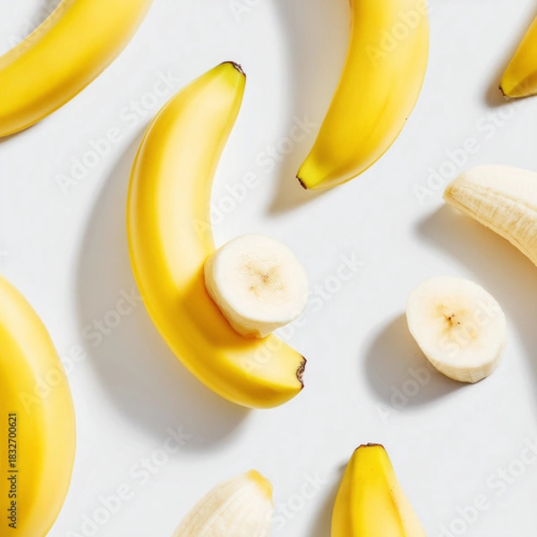 Obraz AI-generated image - Fresh whole and sliced bananas isolated on a white background. 