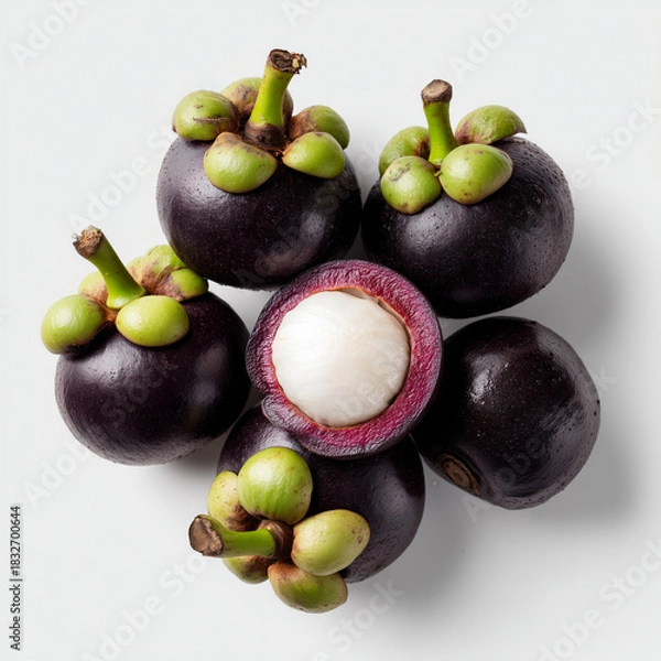 Obraz AI-generated image -  Fresh whole and halved mangosteens isolated on a white background.