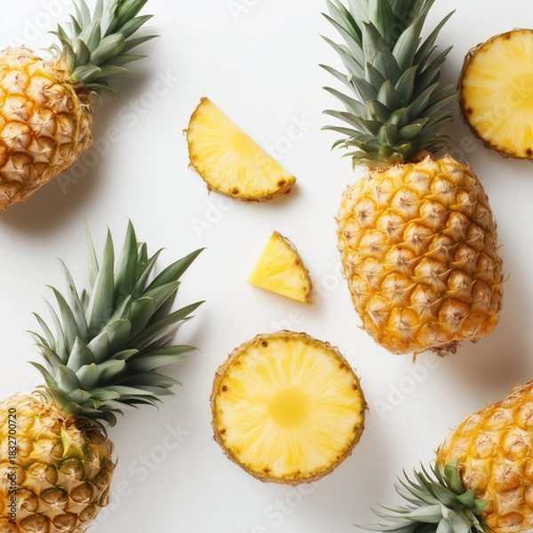 Obraz AI-generated image - Top view of fresh whole and sliced pineapples on a white background. 