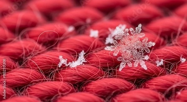 Fototapeta Intricate snowflake rests upon vibrant red textured fabric in macro detail