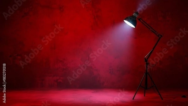 Fototapeta Studio Floor Lamp Spotlight on Red Background Minimal Lighting Scene