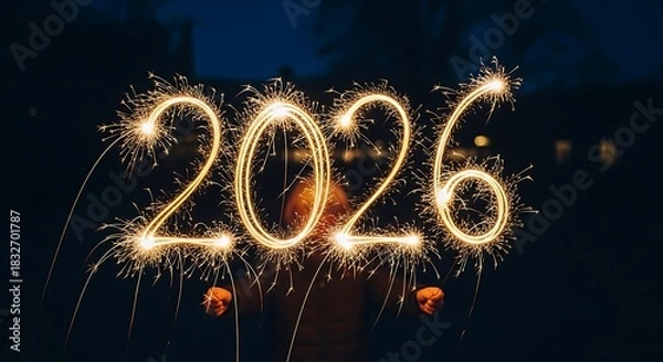 Fototapeta Sparkling new year s eve celebration with the year 2026 illuminated by fireworks