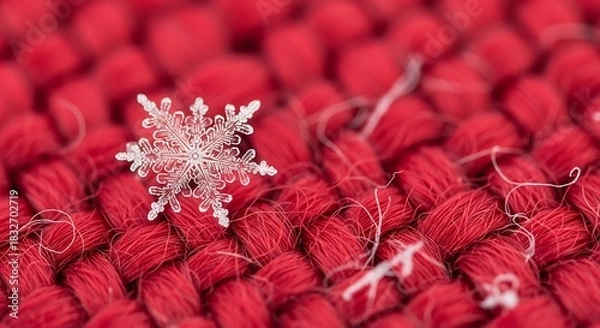Fototapeta Intricate snowflake rests gently on a textured vibrant red knitted fabric surface