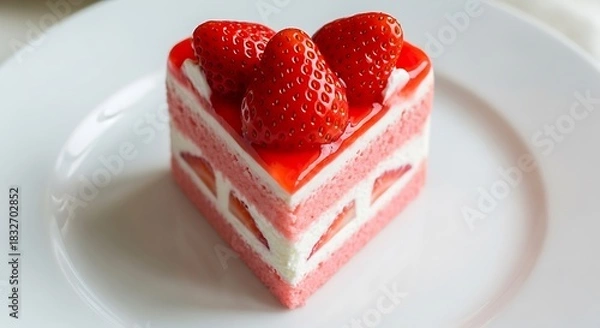 Fototapeta A delightful heart shaped strawberry cake slice adorned with fresh berries and glaze on a white plate
