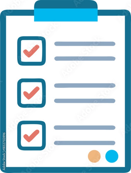 Obraz Clipboard with Three Completed Checkmarks Icon, Representing Task Completion, Quality Control, and Success Status, Flat Vector