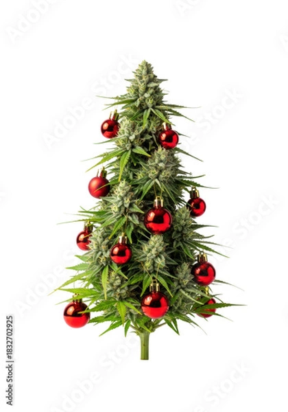 Fototapeta A green cannabis plant shaped like a christmas tree with red ornaments on a transparent background with copy space. Unconventional holiday humor concept