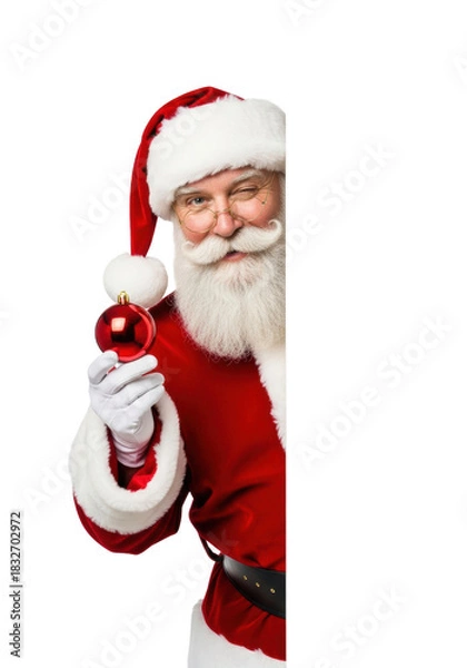 Fototapeta A jolly caucasian santa claus winking and peeking from behind a blank white board holding a red bauble against a studio background with copy space. Christmas advertising concept