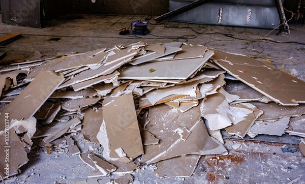 Fototapeta Destruction visible in a multi-story building collapse amidst rubble and debris during daylight hours in an urban environment