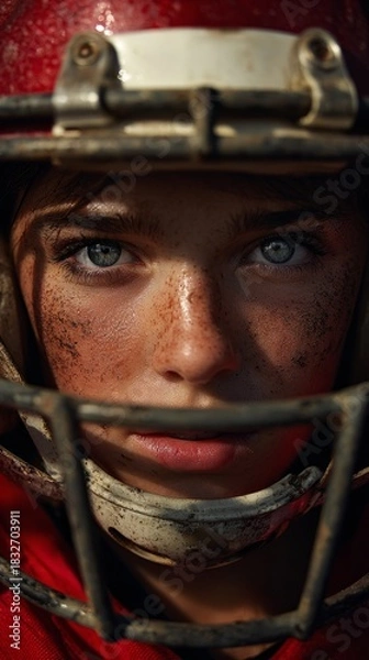Fototapeta Close-up portrait of young female football player with red helmet