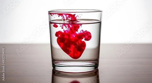 Fototapeta Vibrant red ink dissolving into clear water inside a tall glass creating a heart shape