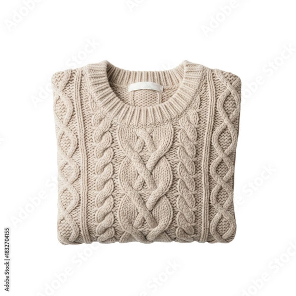 Fototapeta Neatly folded beige cable-knit wool sweater in a minimalist flat lay on a transparent background with copy space, cozy hygge lifestyle concept