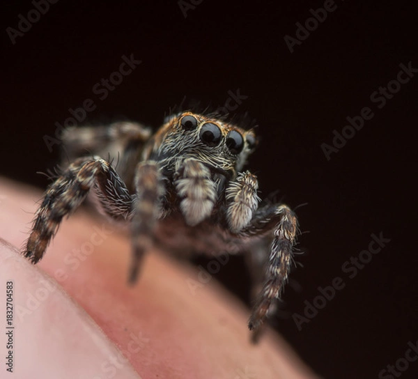 Obraz Close-up of a jumping spider on human skin, showcasing its eyes and fur texture