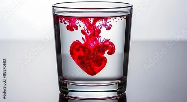 Fototapeta Red ink dissolving in a clear glass of water creating a heart shape