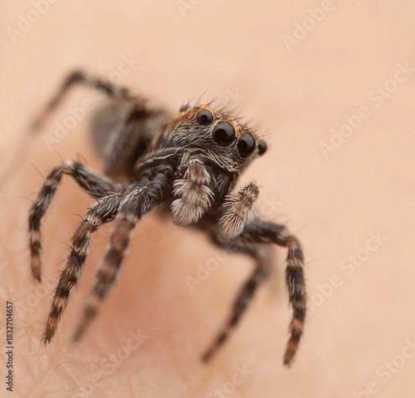 Obraz Close-up of a jumping spider on human skin, showcasing its eyes and fur texture
