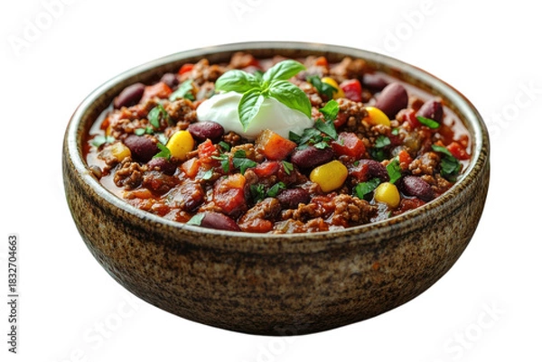 Fototapeta Hearty chili delight Warm comfort food with beef beans and spice Served with sour cream fresh basil