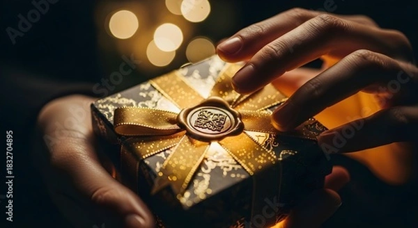 Fototapeta Hands carefully holding a small, wrapped gift box with a gold ribbon and seal, illuminated by soft bokeh lights.