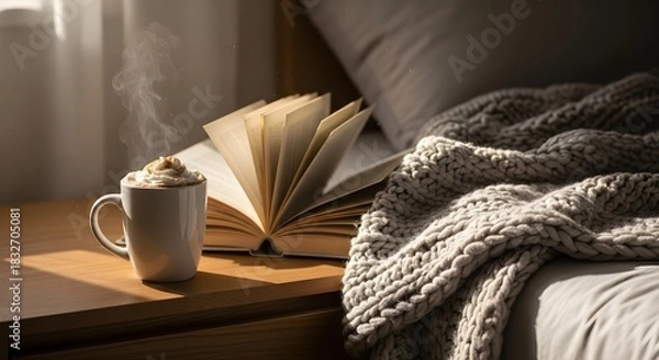 Fototapeta Cozy scene with a steaming mug of coffee next to an open book on a bedside table, with a textured blanket on the bed.
