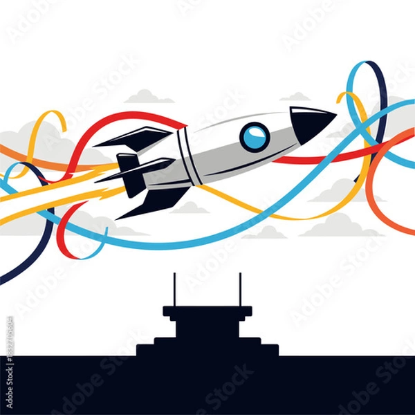 Fototapeta Startup rocket launch with dynamic colorful trails and clouds, symbolizing innovation and growth