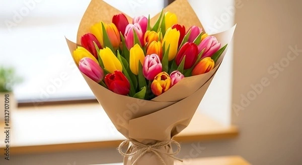 Fototapeta Vibrant bouquet of colorful tulips wrapped in rustic brown paper tied with twine