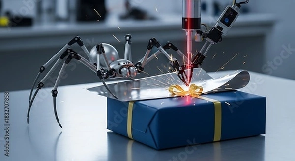 Fototapeta Advanced robotic arm meticulously laser engraves a personalized design onto a wrapped gift box