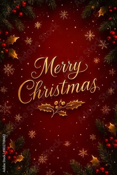 Fototapeta Luxury Gold Merry Christmas Text on Red Background with Pine and Holly Border