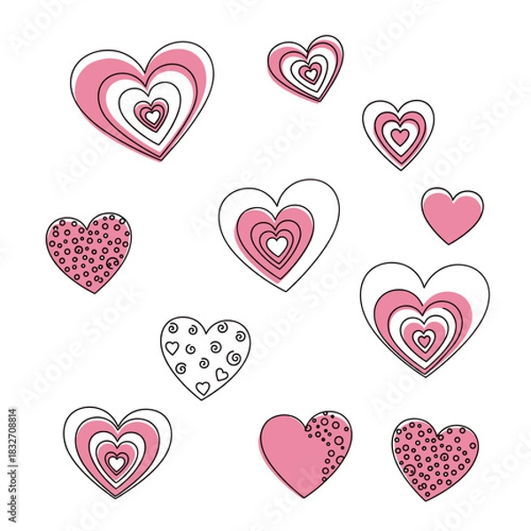 Fototapeta Set of diverse pink heart illustrations with outlines and patterns, perfect for love, romance, and Valentine's Day designs