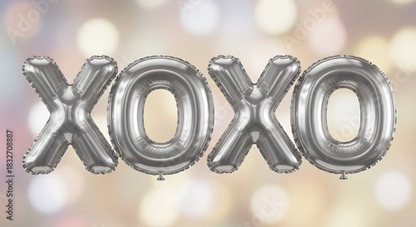 Fototapeta Shiny silver foil balloons spelling xoxo against a softly blurred bokeh background
