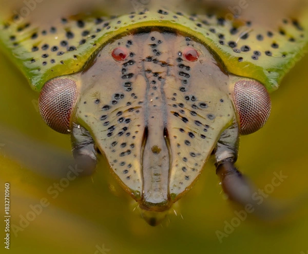 Obraz Extreme close-up of a detailed green insect face with striking red eyes on a blurred yellow background
