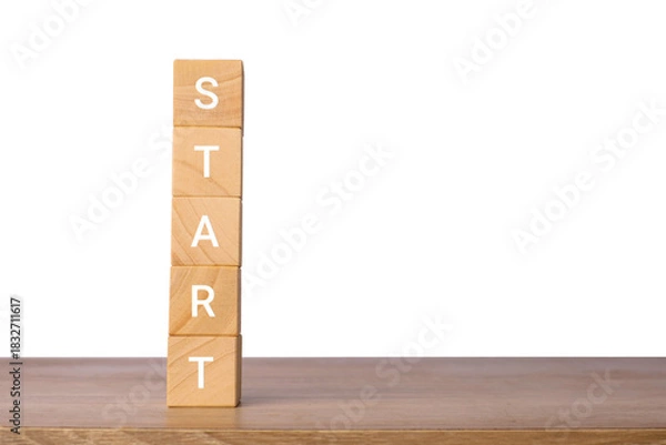 Fototapeta Vertical stack of wooden blocks with word start for motivation concept, isolated on transparent background