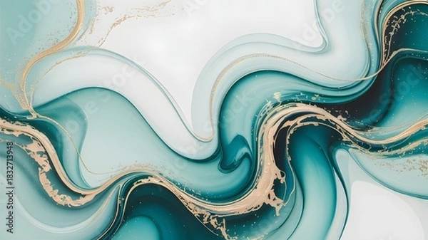 Fototapeta Teal and gold abstract fluid art background texture