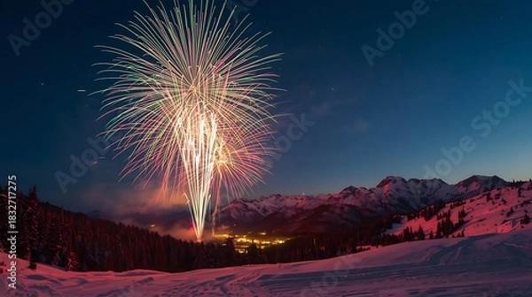 Fototapeta New Year 2026 fireworks exploding over snowy mountains, vibrant colors, long-exposure photography effect, ultra-sharp details.