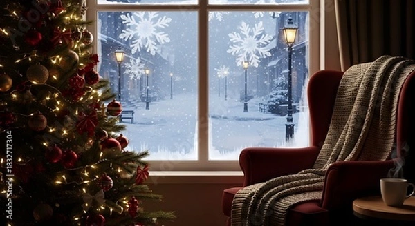 Fototapeta Cozy Christmas scene: Decorated tree, armchair with blanket, and snowy winter view through a window.