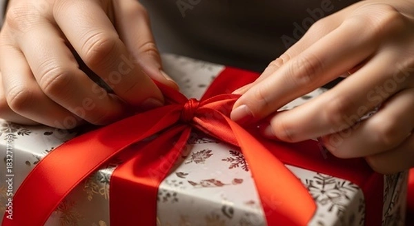 Fototapeta Close-up of hands tying a red ribbon on a wrapped present with patterned paper.