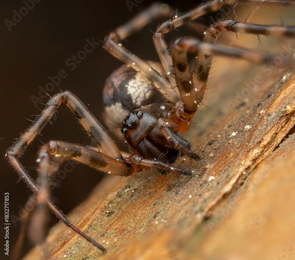 Obraz Close-up of a spider on a wooden surface, highlighting its legs and body features
