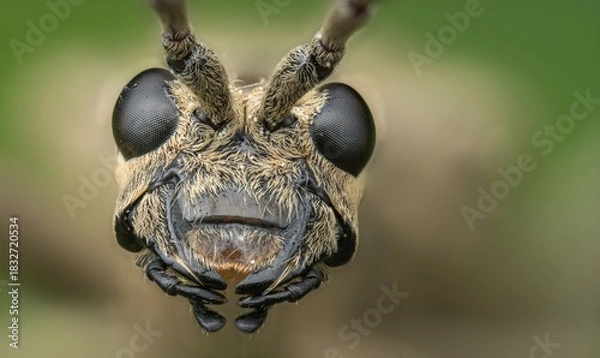 Obraz Extreme close-up of a detailed insect face with prominent black eyes and antennae on a blurred green background
