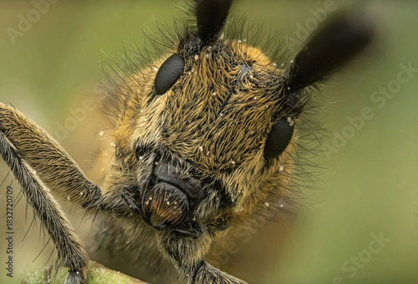 Obraz Macro shot of a beetle holding a green leaf in a vibrant natural setting
