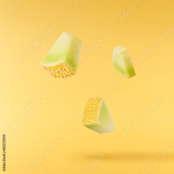 Fototapeta Fresh ripe Galia Melon falling in the air isolated on yellow background