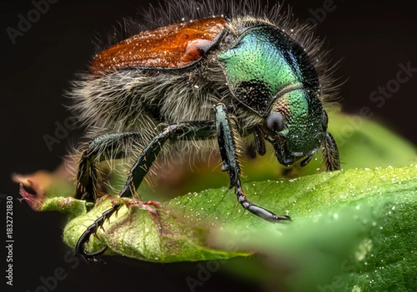 Obraz Close-up of a shiny green beetle on a leaf, highlighting its texture and vibrant colors
