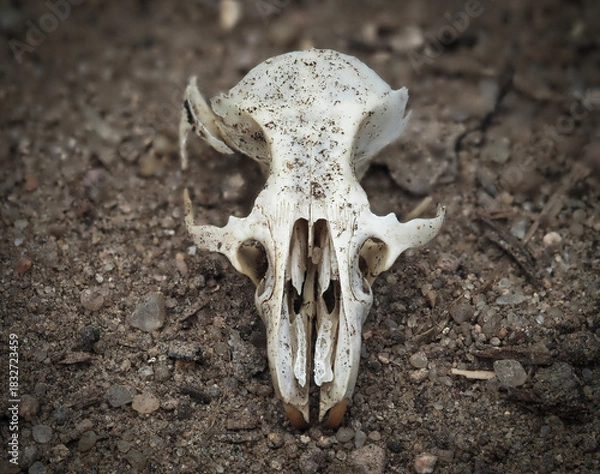 Obraz Close-up view of a small animal skull resting on the sandy ground, showcasing intricate bone details

