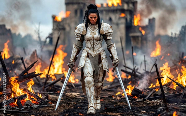 Fototapeta Epic female knight in white armor with a gold pattern walks through the burning ruins of a battlefield