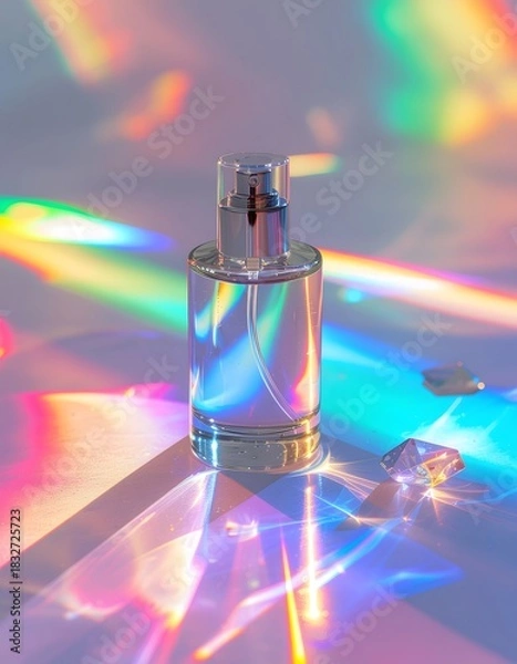 Obraz Iridescent Light Play: Perfume Bottle and Crystal Gemstones Still Life