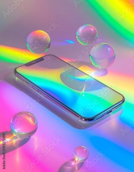 Obraz Iridescent Phone and Crystal Balls: Rainbow Light Refraction Still Life