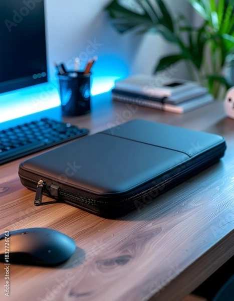 Obraz Laptop Sleeve on Desk with Keyboard, Mouse, and Blue Ambient Lighting