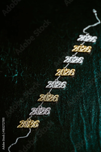 Fototapeta Several necklace pendants made of gold and silver with glittering zirconia, strung on a silver chain, numbers 2026 for the New Year's Eve celebration