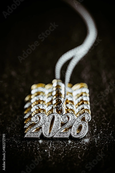 Fototapeta Several necklace pendants made of gold and silver with glittering zirconia, strung on a silver chain, numbers 2026 for the New Year's Eve celebration