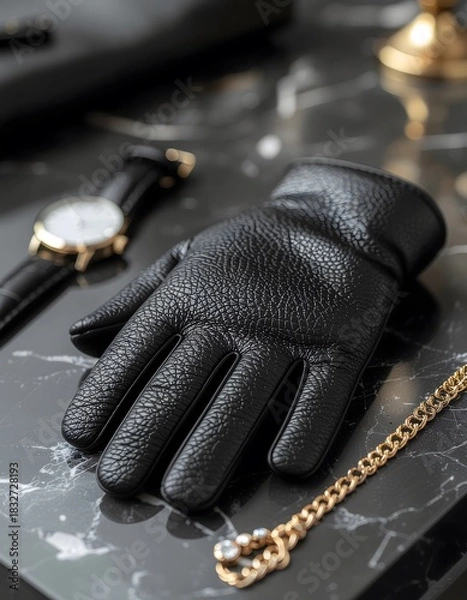 Obraz Luxurious Black Leather Glove with Gold Chain and Watch on Marble Surface