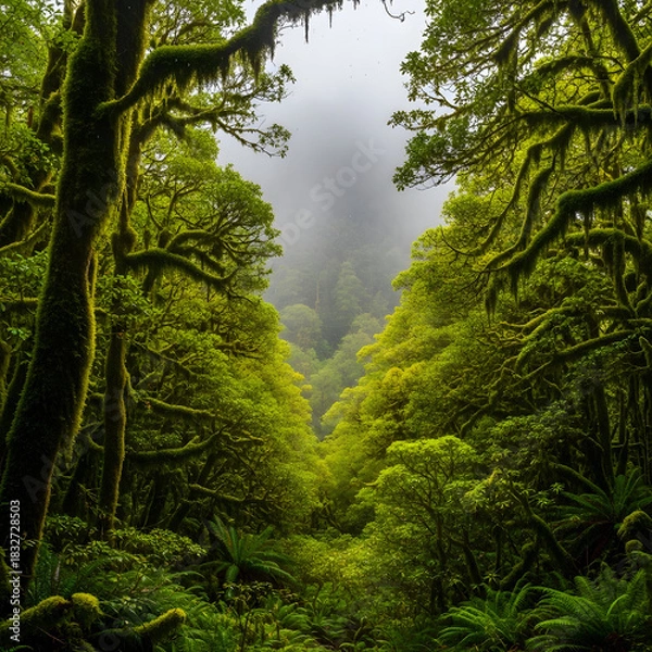 Fototapeta Deep rainforest gradient of moss green fading into humid fog grey