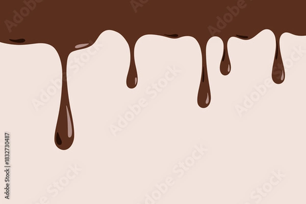 Fototapeta Molten chocolate dripping, vector illustration, flat design. Liquid streaks on a beige background with space for text. Dark brown sweet ice cream is flowing. Background chocolate splash