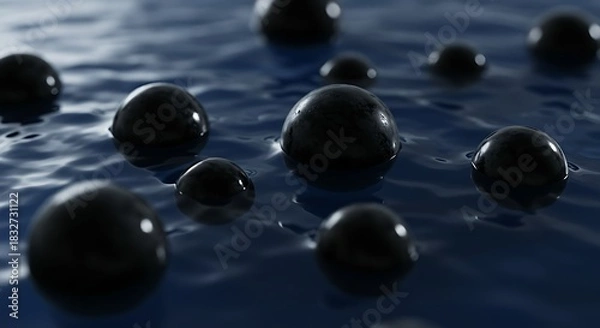 Obraz Abstract dark spheres floating on a blue liquid surface.